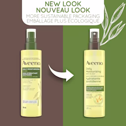 Old and new packaging of AVEENO® Daily Moisturizing Oil Mist, spray bottle, 200 mL, with text 'new look'