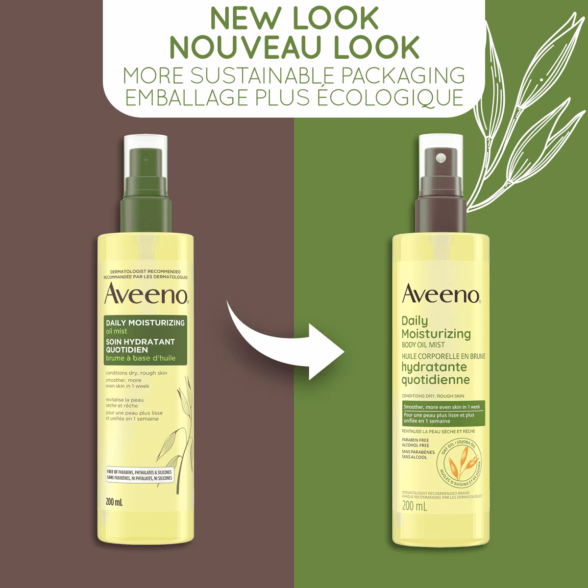Old and new packaging of AVEENO® Daily Moisturizing Oil Mist, spray bottle, 200 mL, with text 'new look'