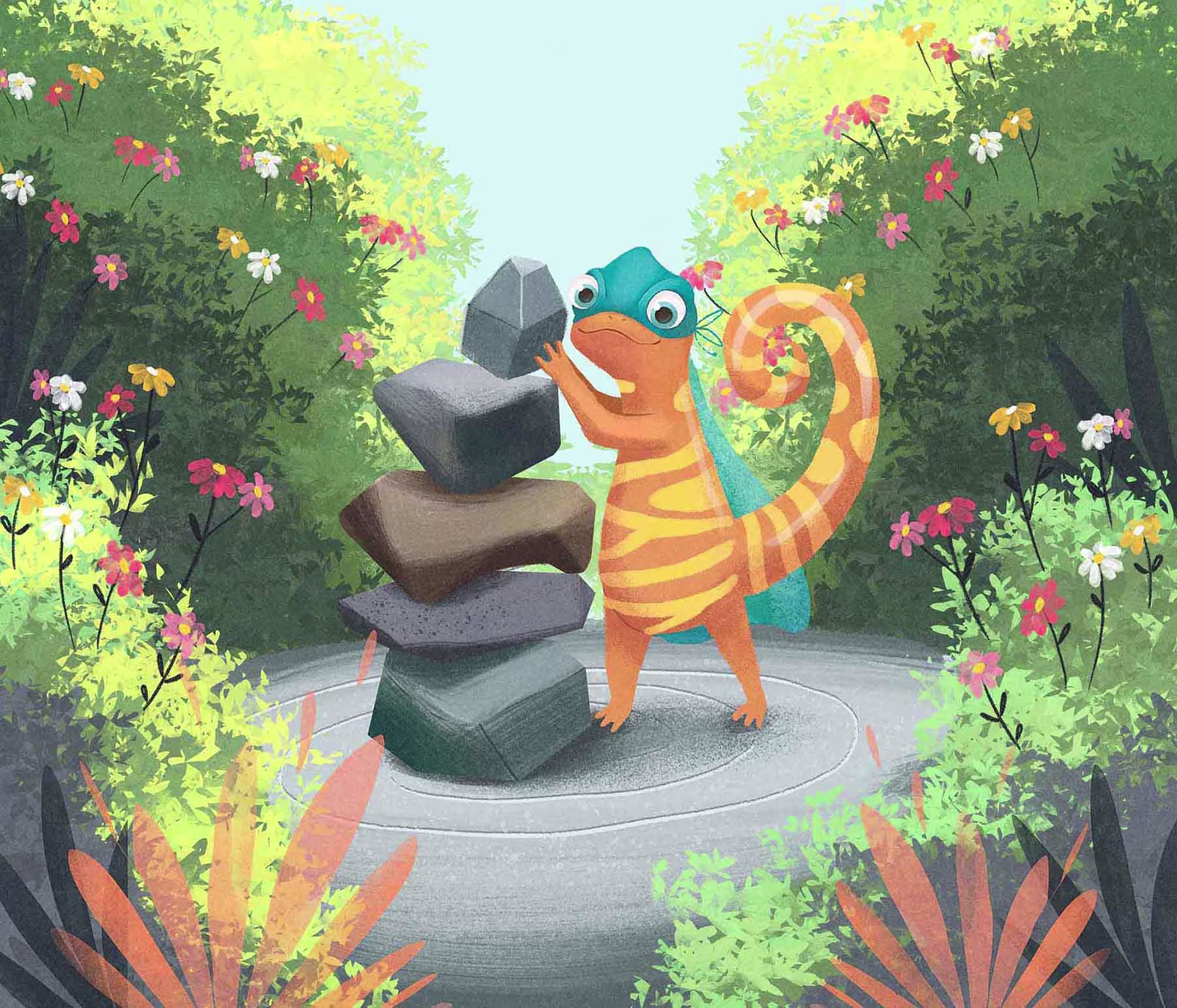 Leon the Chameleon stacking rocks (animated)