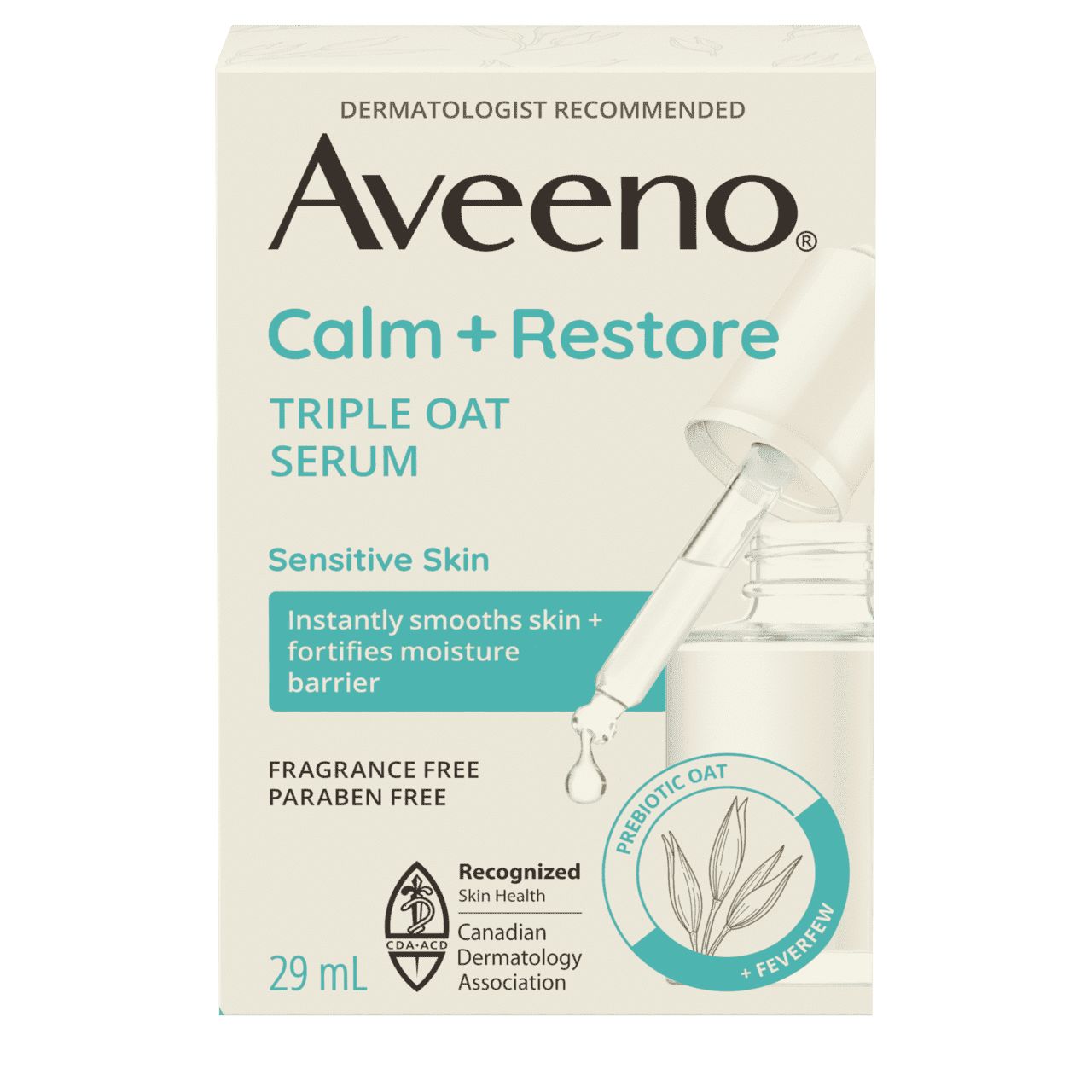 English side of packaging for AVEENO® Calm + Restore Triple Oat Serum