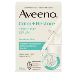 English side of packaging for AVEENO® Calm + Restore Triple Oat Serum