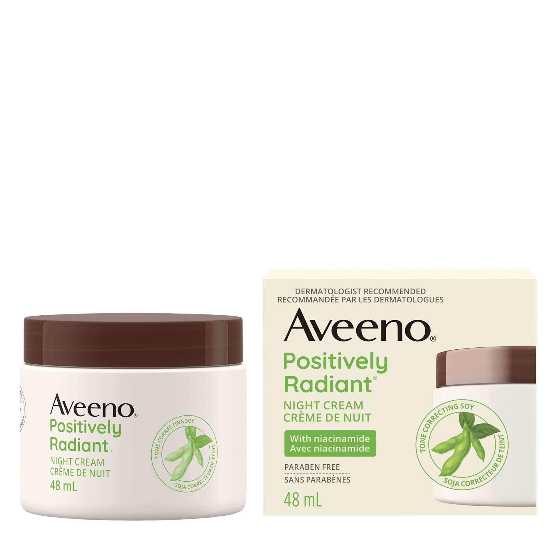 Crème intensive de nuit AVEENO® POSITIVELY RADIANT®, boîte et pot de 48 ml