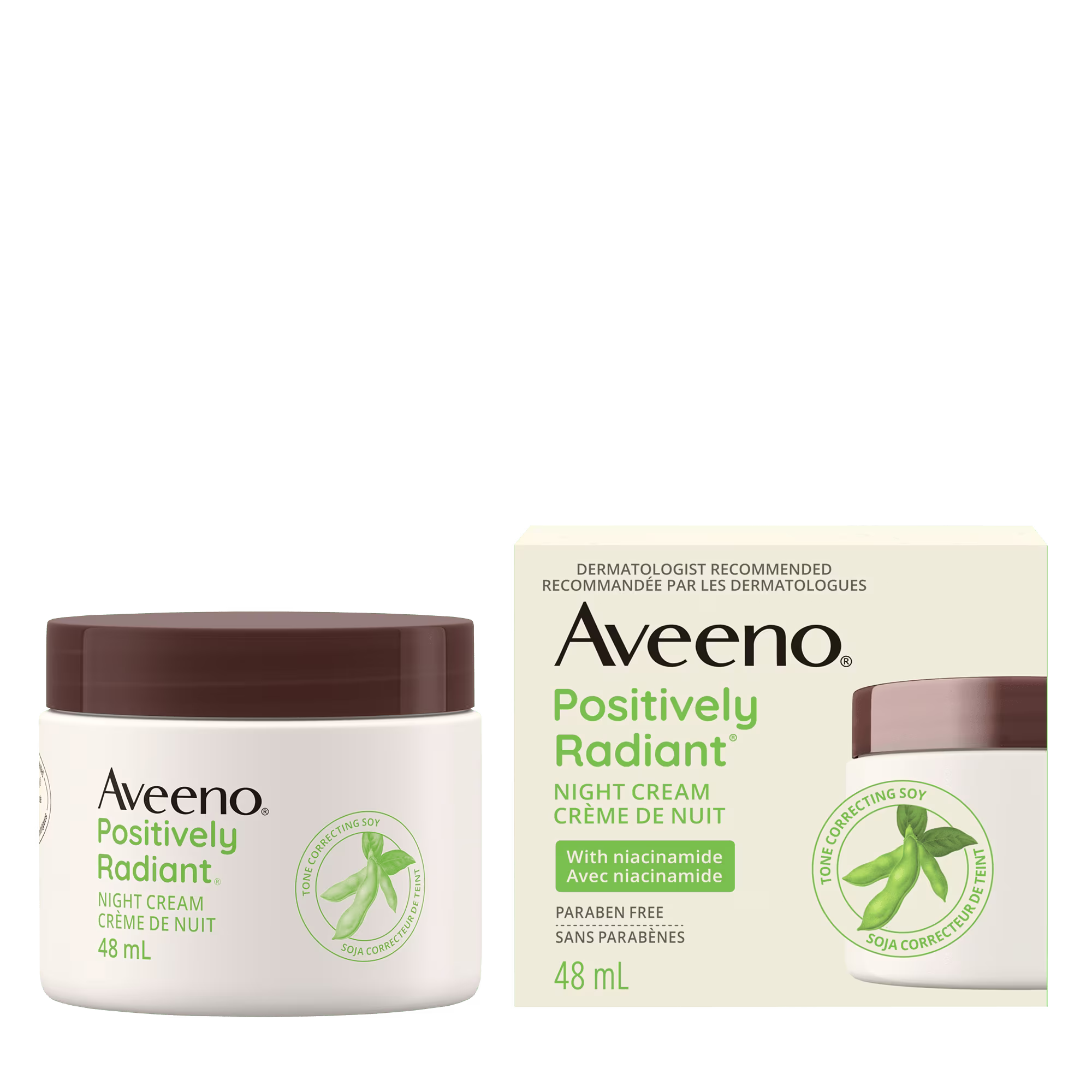 Crème intensive de nuit AVEENO® POSITIVELY RADIANT®, boîte et pot de 48 ml