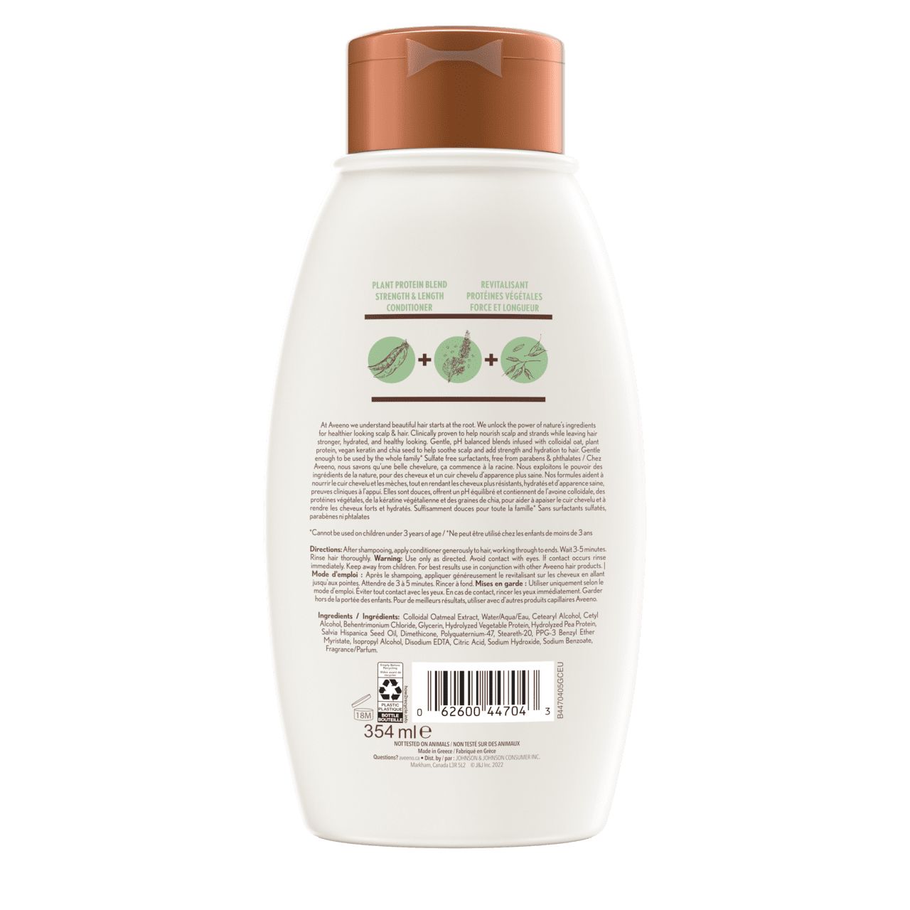 The back shot of AVEENO® Plant Protein Blend Strength & Length Hair Conditioner, squeeze bottle, 354 mL