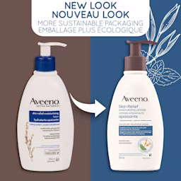 Ancien et nouvel emballage du flacon de 532 ml de la lotion hydratante apaisante AVEENO® au menthol rafraîchissant, avec la mention "nouveau look"