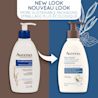 Ancien et nouvel emballage du flacon de 532 ml de la lotion hydratante apaisante AVEENO® au menthol rafraîchissant, avec la mention "nouveau look"