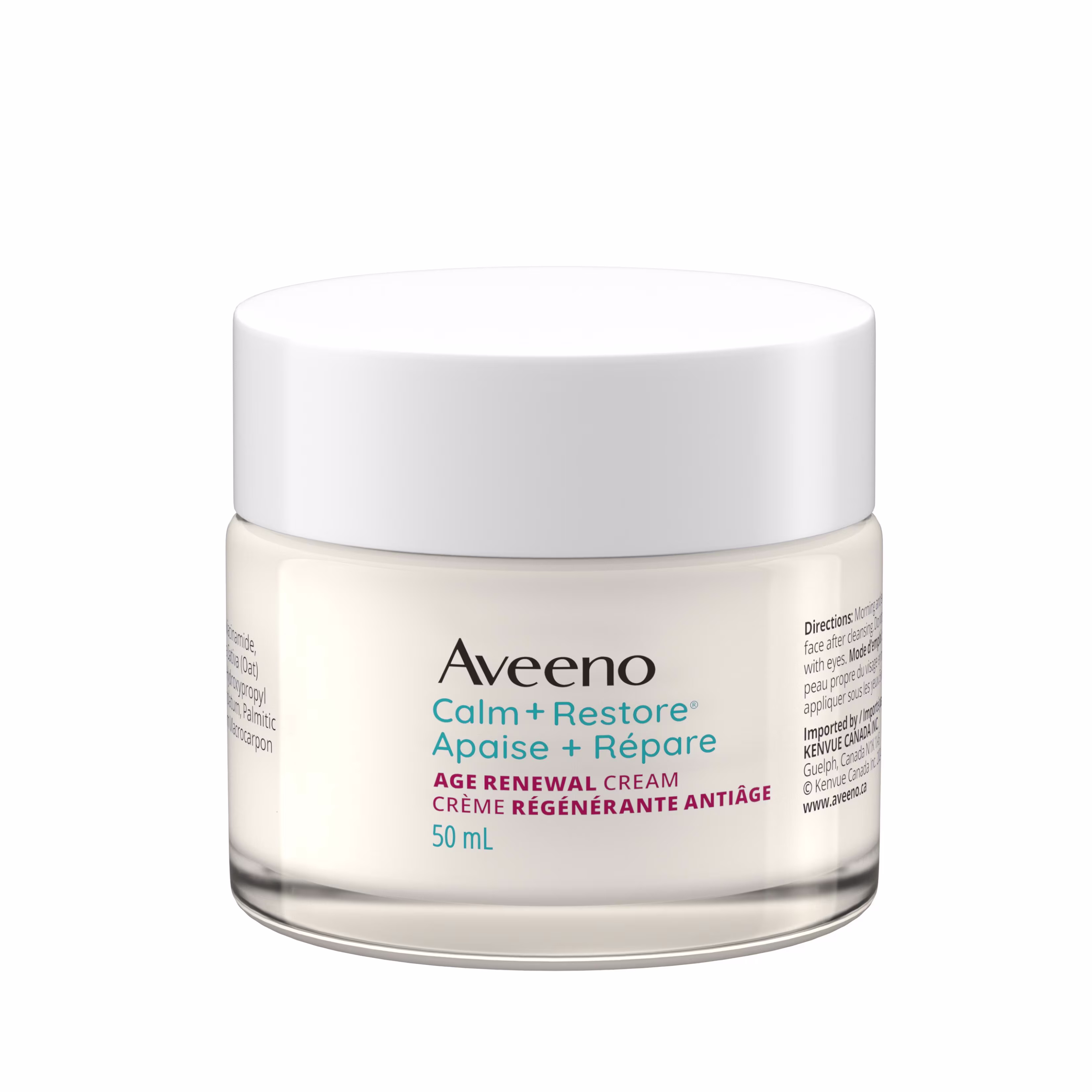 The front shot of AVEENO® Calm + Restore Age Renewal Face Cream jar, 50mL