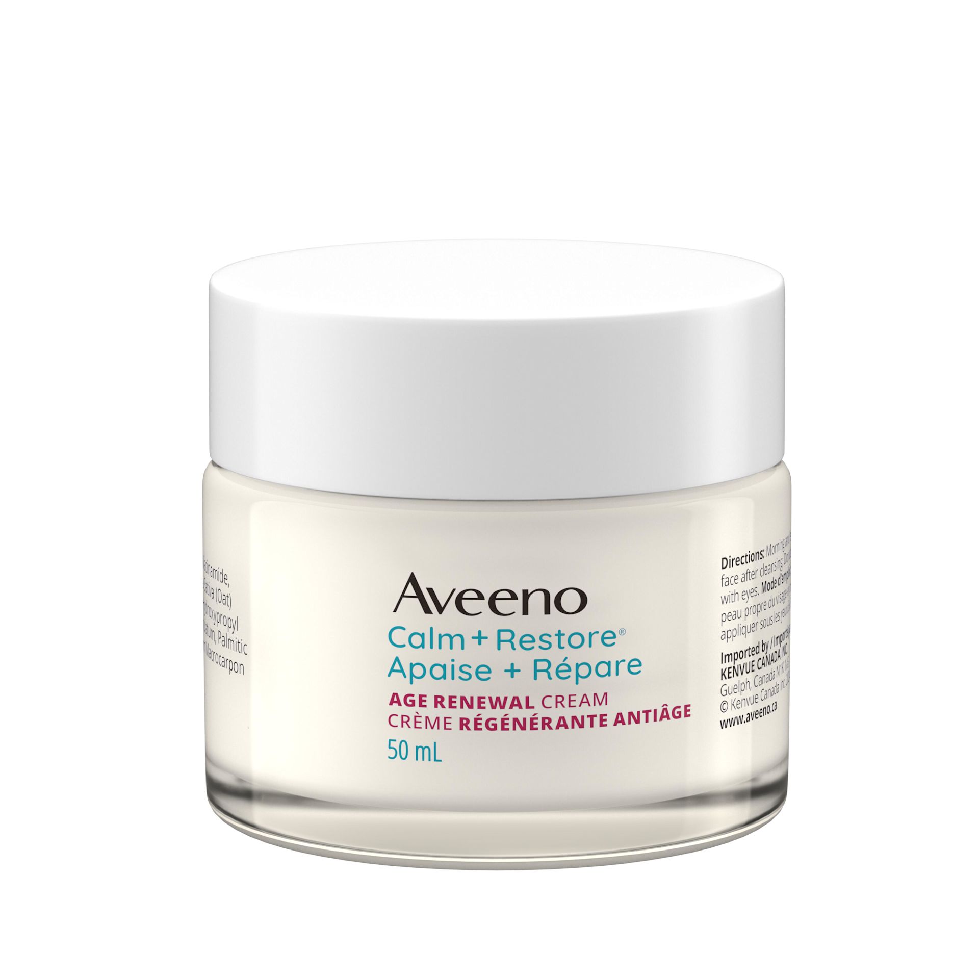 Photo du devant du pot de crème pour le visage AVEENO® régénérante antiâge Calm + Restore, 50 ml