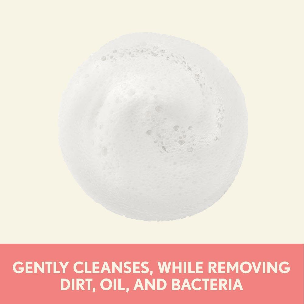 Foam texture image with a text, gently cleanses while removing dirt, oil and bacteria