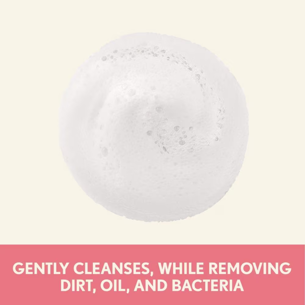 Foam texture image with a text, gently cleanses while removing dirt, oil and bacteria