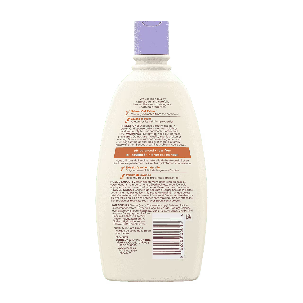 Étiquette arrière du flacon de 532 ml du bain Calme et confort® AVEENO® Baby 
