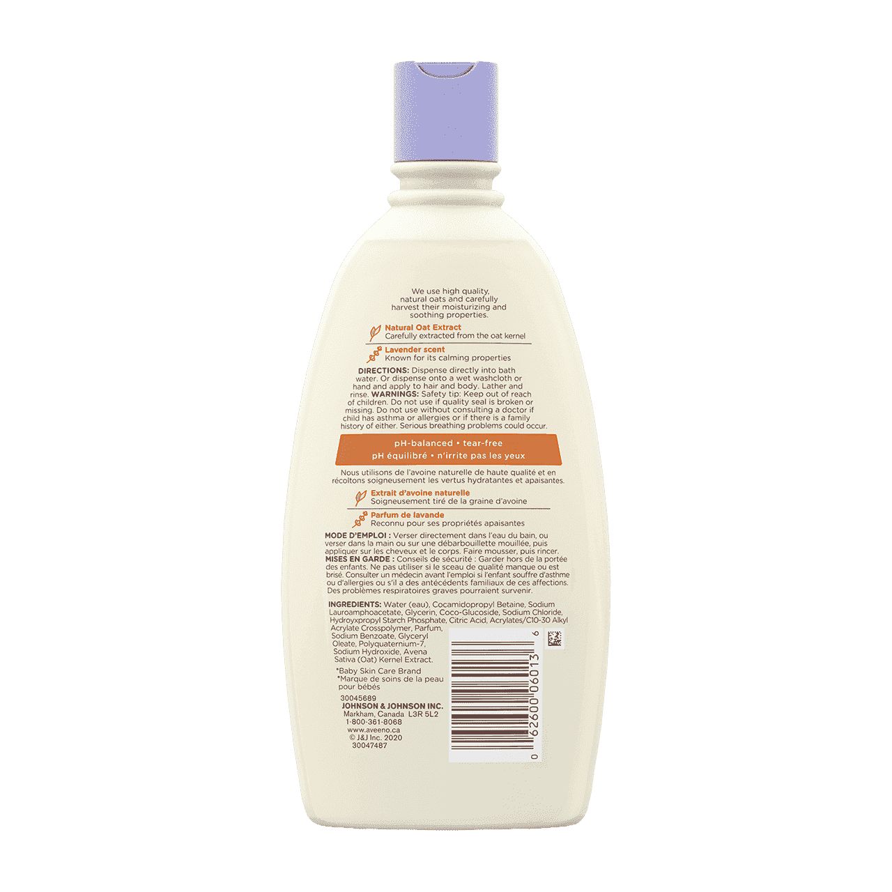 532ml bottle of Aveeno Baby Calming Comfort bath wash, back label
