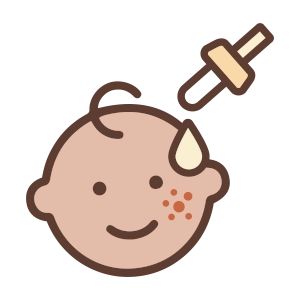Graphic icon of a baby with an eye dropper dropping product on its face, to represent that the product is safe for baby's sensitive skin