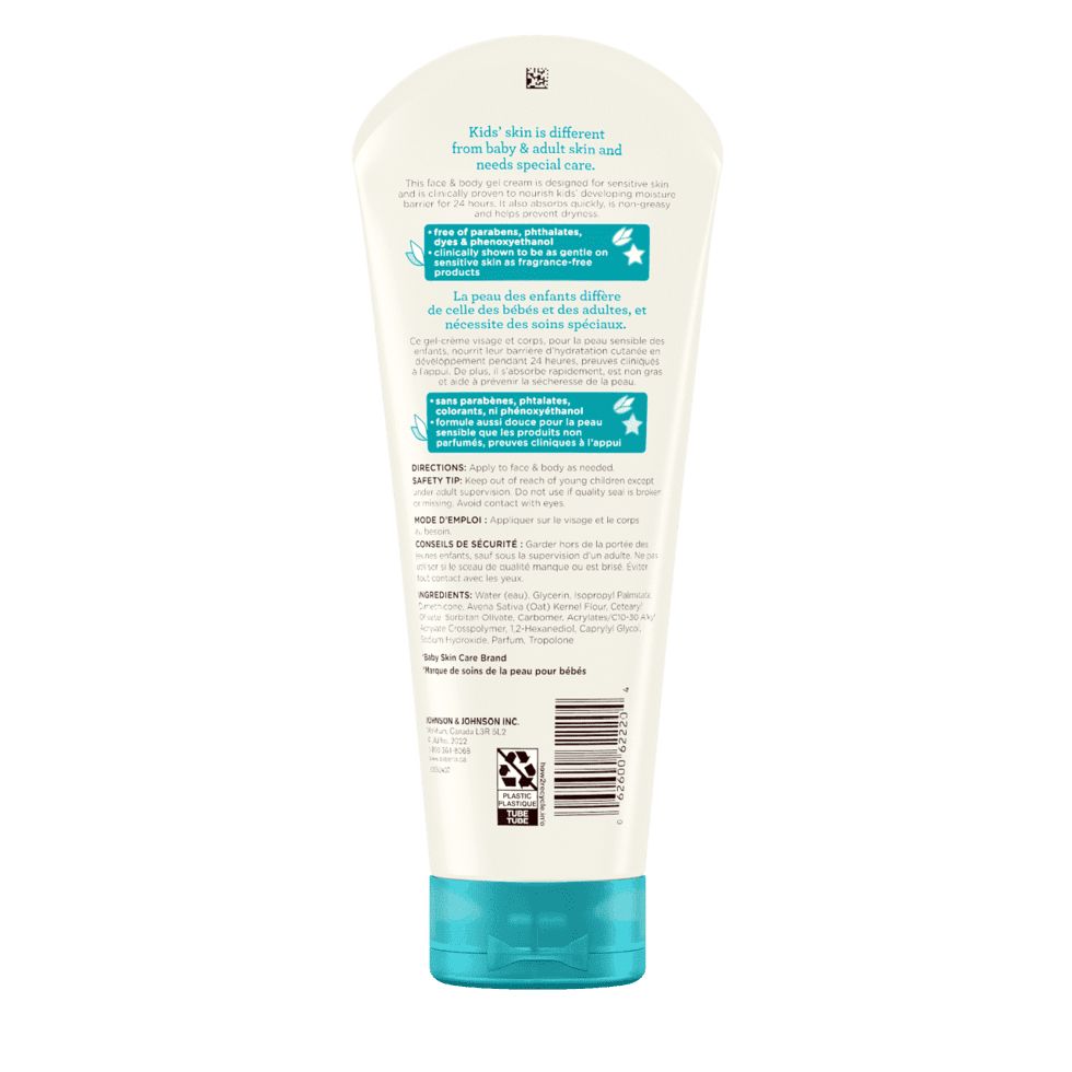 The back shot of AVEENO® Kids Sensitive Skin Face & Body Gel Cream, squeeze tube, 227mL