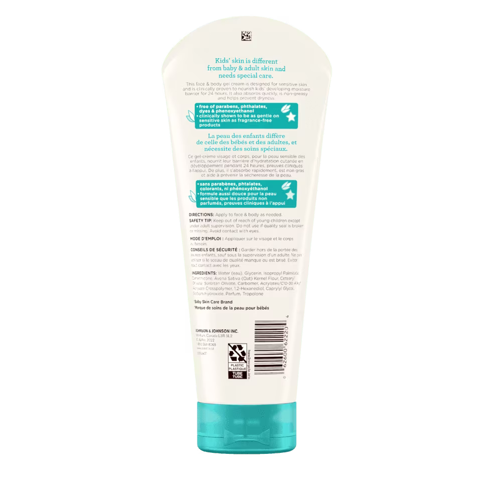 The back shot of AVEENO® Kids Sensitive Skin Face & Body Gel Cream, squeeze tube, 227mL