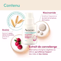 Ingrédients du sérum régénérant antiâge Aveeno® Calm + Restore : avoine, niacinamide, extrait de canneberge et leurs bienfaits.