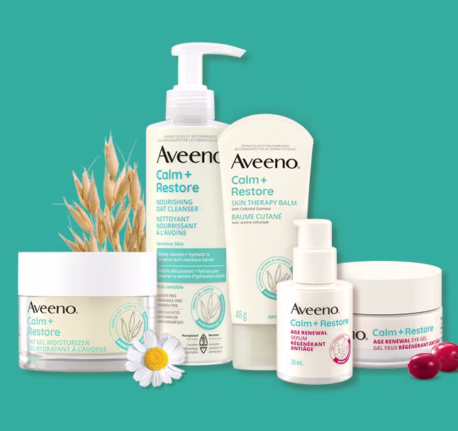 Five Aveeno® Calm + Restore Face Care Products with oat, cranberry and feverfew.