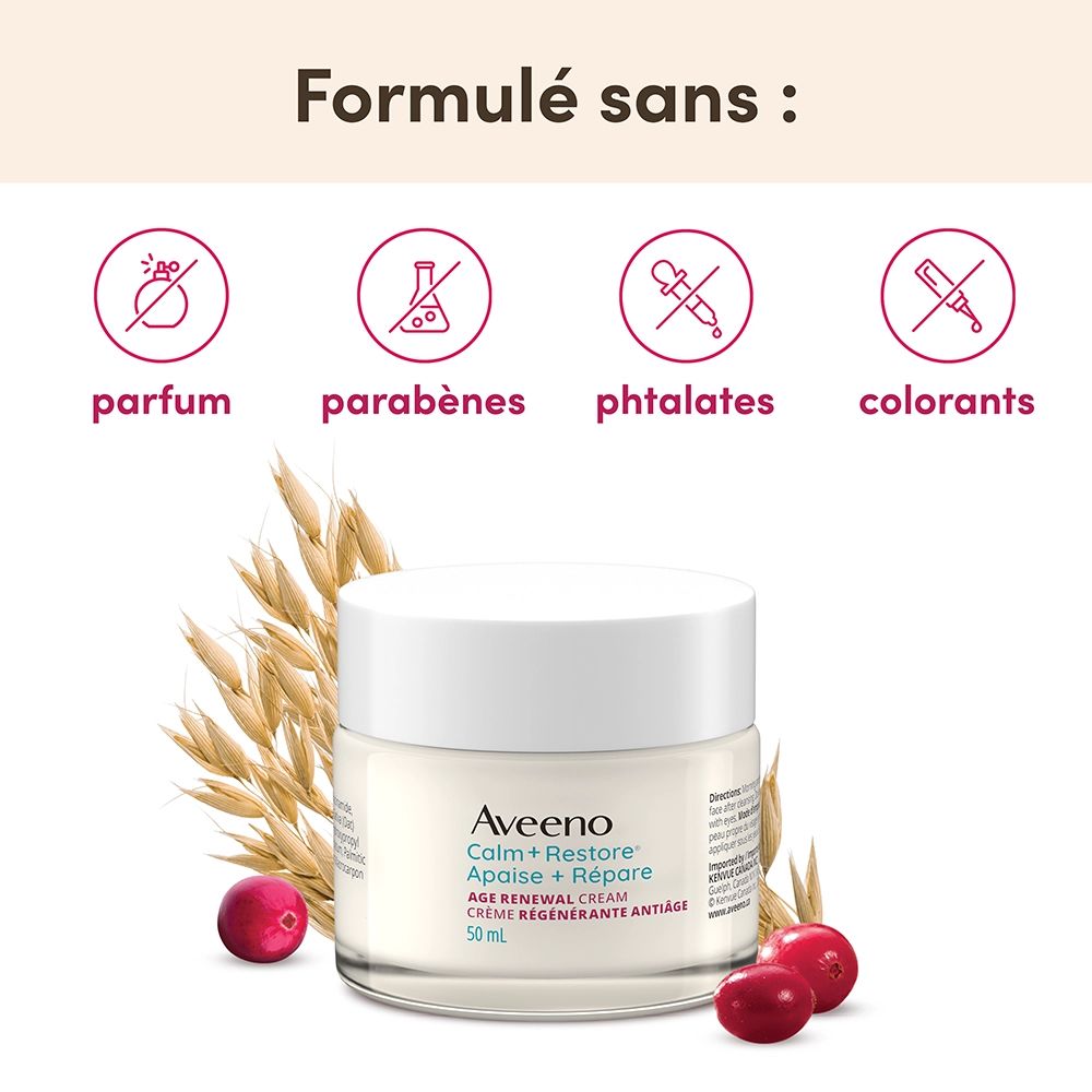 JS4452-AV-CR-AgeRenewalEcommTiles-FRA-4000x4000-6 Photo du devant du pot de crème AVEENO® régénérante antiâge Calm + Restore avec avoine et canneberges