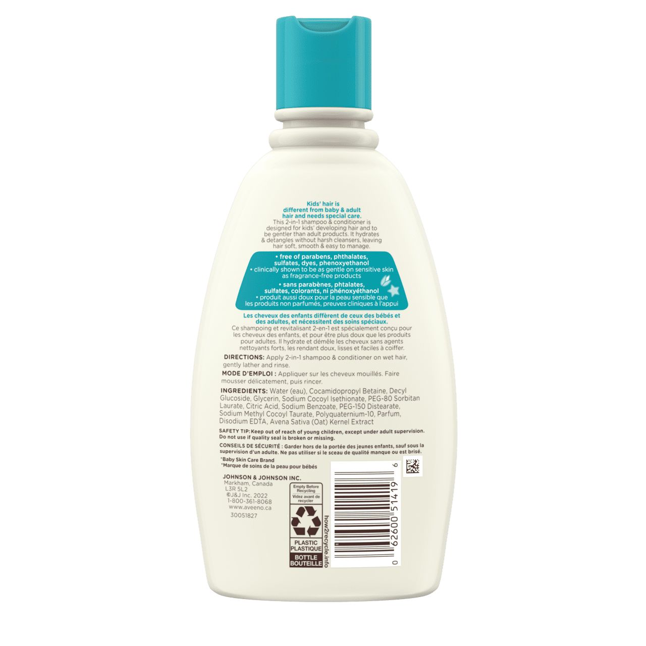 Panneau arrière du flacon de 354 ml du shampoing et revitalisant hydratant AVEENO® Kids