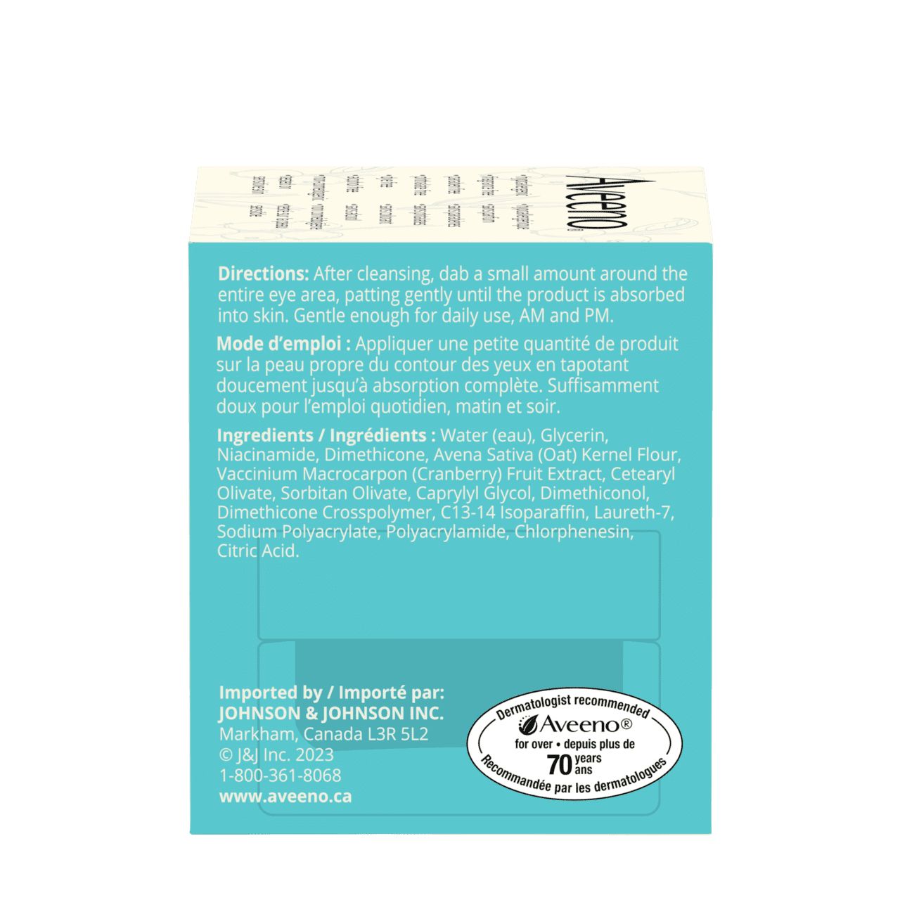 Panneau arrière du gel Yeux régénérant antiâge Aveeno® Calm + Restore