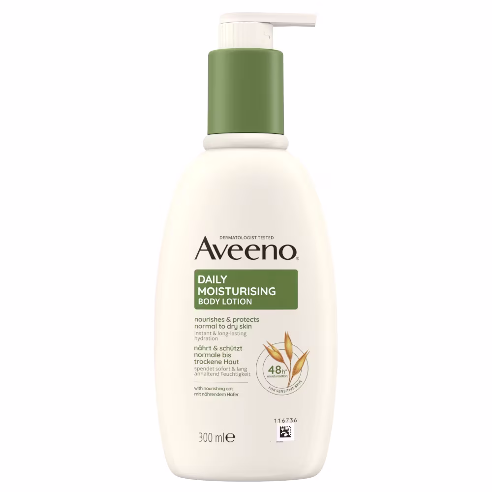 Aveeno® Daily Moisturising Nawilżający Balsam do Ciała front Aveeno® Daily Moisturizing Nawilżający Balsam do Ciała, bezzapachowy - z kojącym owsem, delikatnie oczyszcza, odżywia skórę normalną i suchą