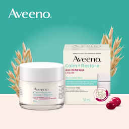 JS4452-AV-CR-AgeRenewalEcommTiles-ENG-4000x4000-1 The front shot of the AVEENO® Calm + Restore Age Renewal Face Cream product jar and packaging along with oats and cranberries
