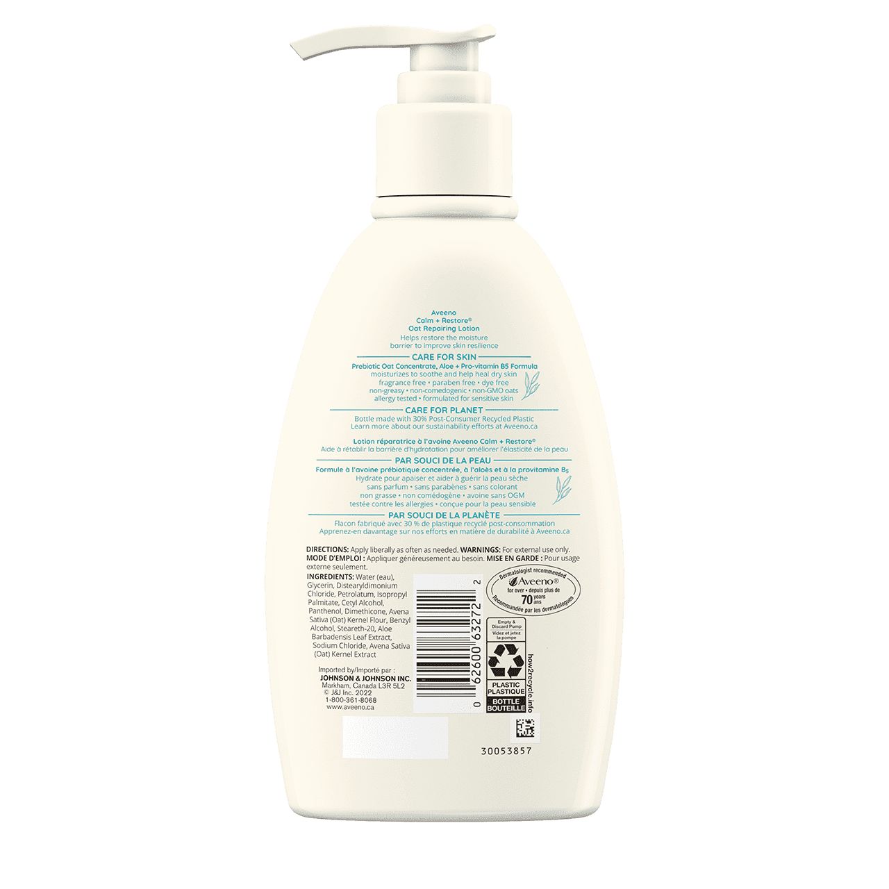 Arrière du flacon-pompe de lotion réparatrice à l’avoine AVEENO® Calm + Restore