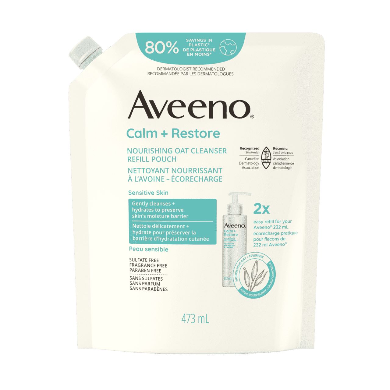 Emballage de 473 ml du nettoyant nourrissant à l’avoine Aveeno® Calm + Restore