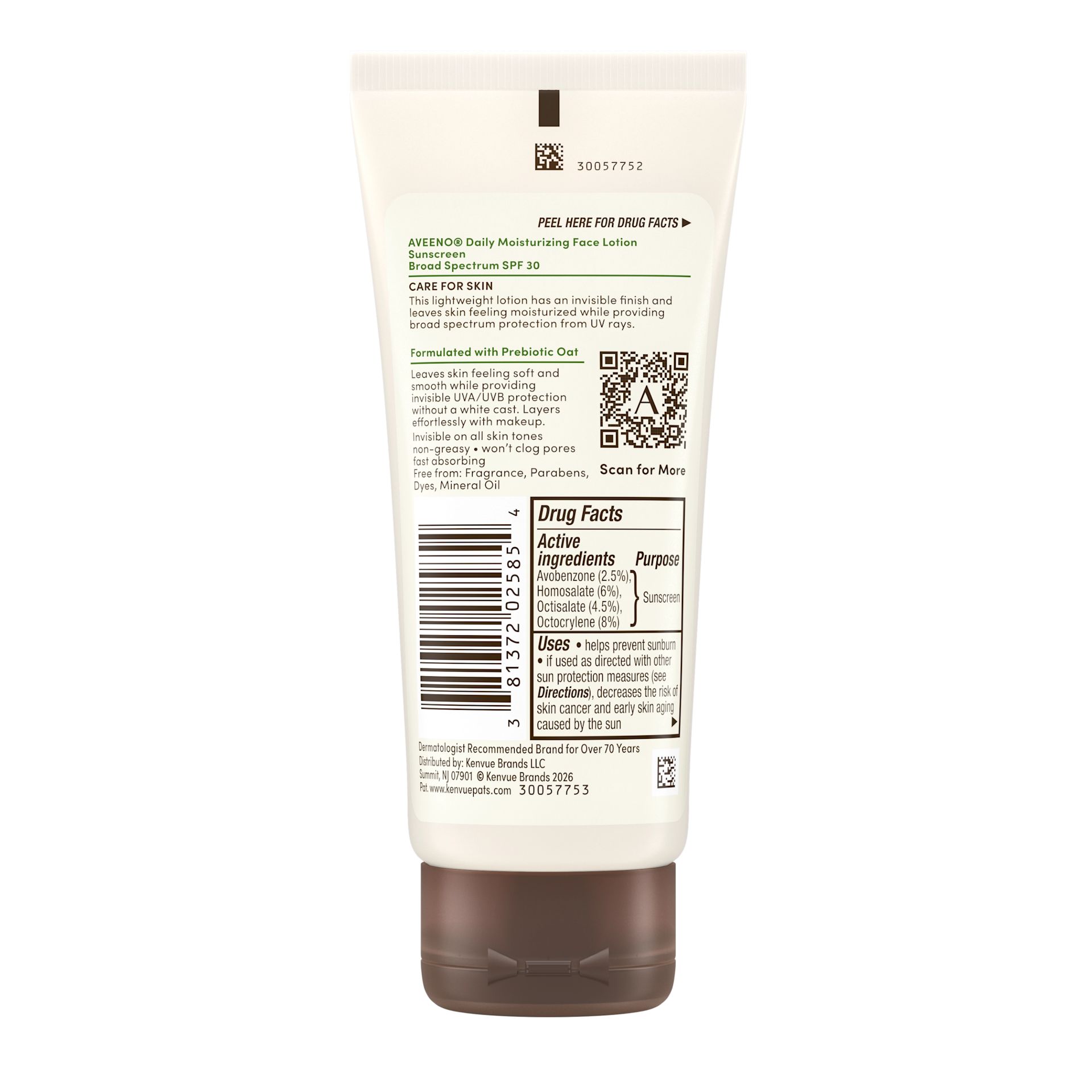AVE USA US 381372025854 120258500 Daily Moisture Lotion SPF 30 3oz 00180 Back pack shot of Aveeno® Daily Moisturizing Face Lotion SPF 30 3 oz
