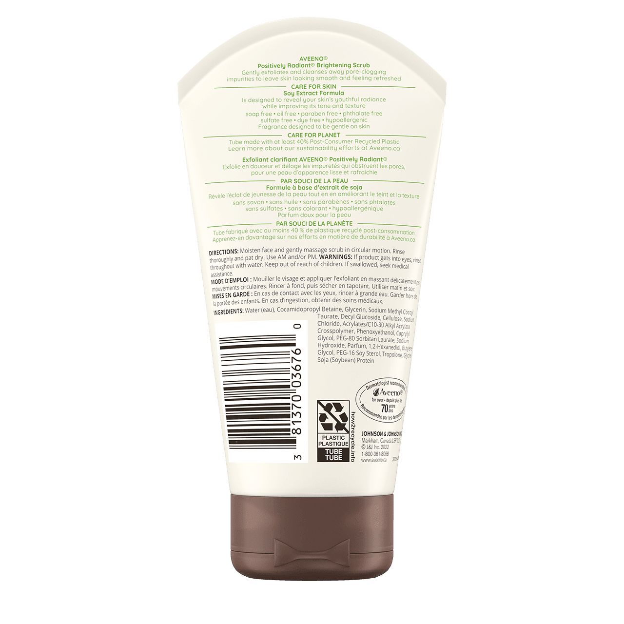 AVEENO® POSITIVELY RADIANT® Skin Brightening Daily Scrub, 140g tube, back label