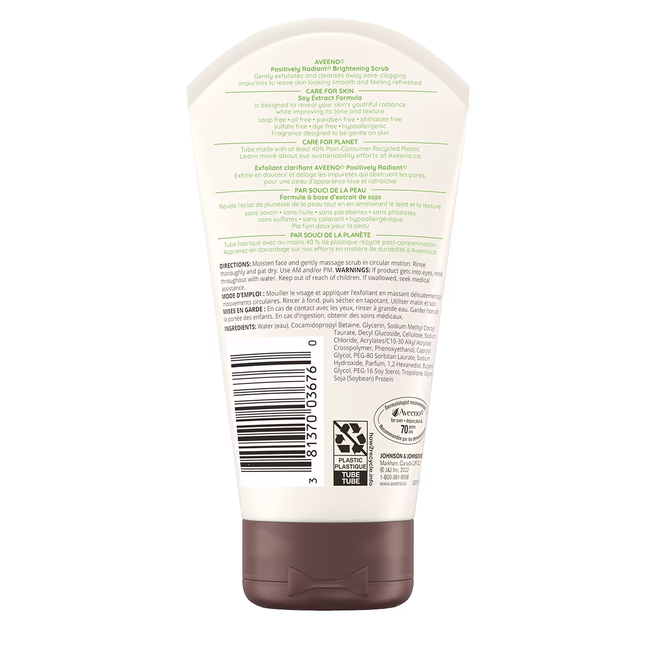 AVEENO® POSITIVELY RADIANT® Skin Brightening Daily Scrub, 140g tube, back label