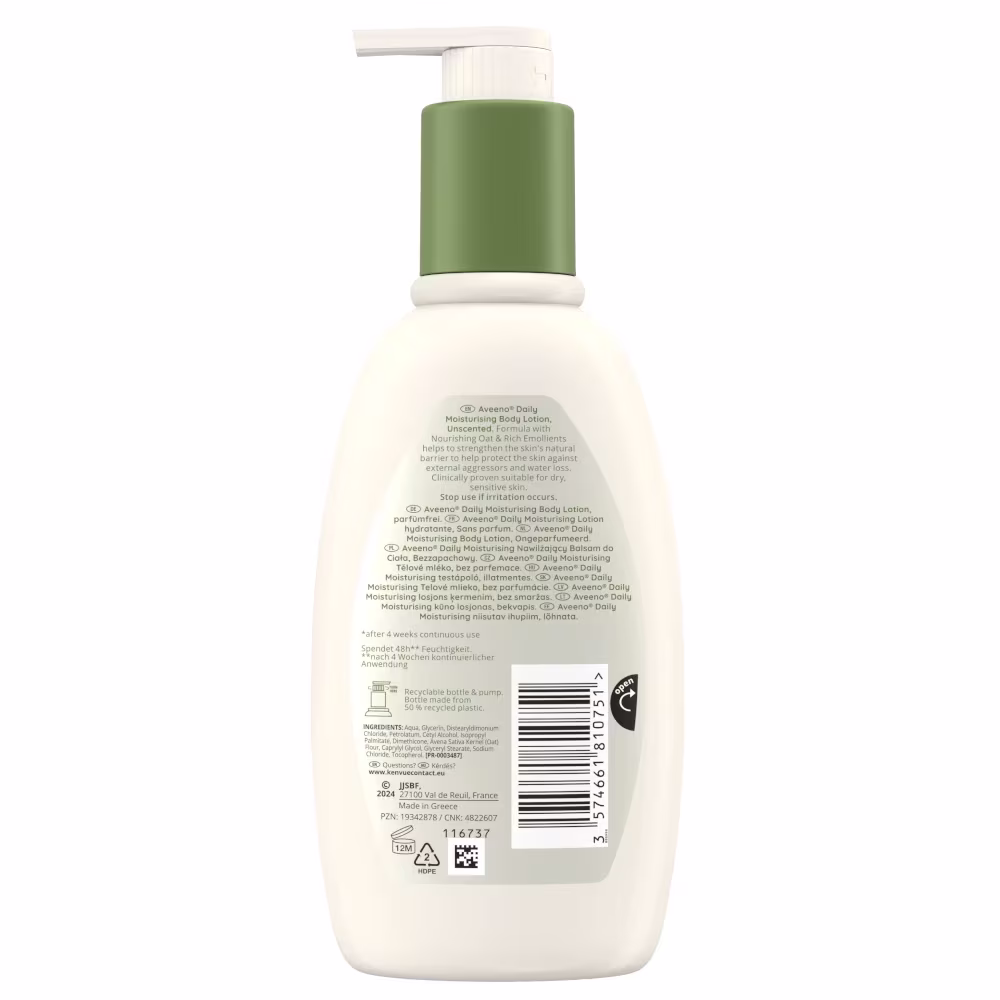 Aveeno® Daily Moisturising Nawilżający Balsam do Ciała back Aveeno® Daily Moisturising Nawilżający Balsam do Ciała. Zdjęcie Produktu z tyłu