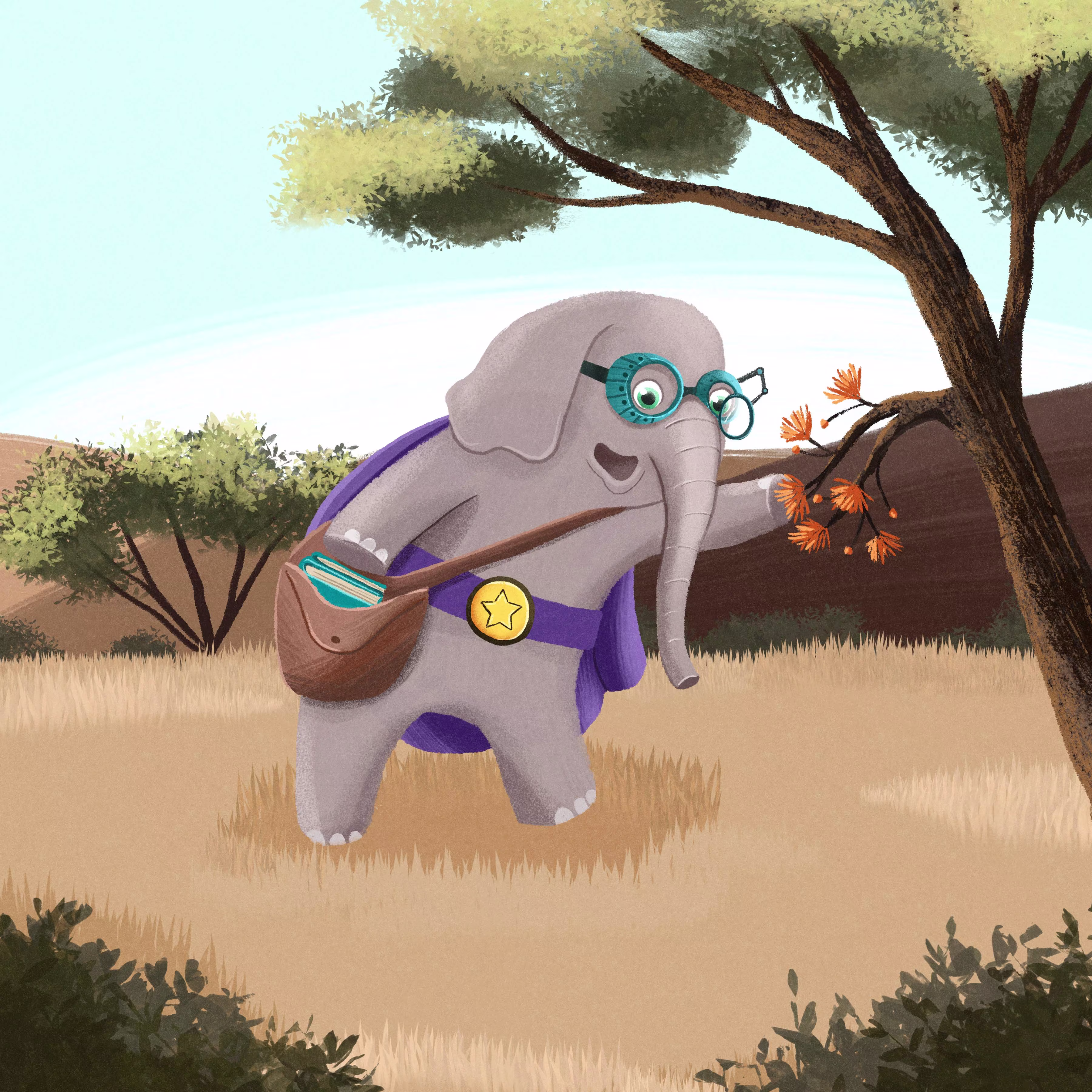 Sage the Elephant looking at flowers on a tree (animated)