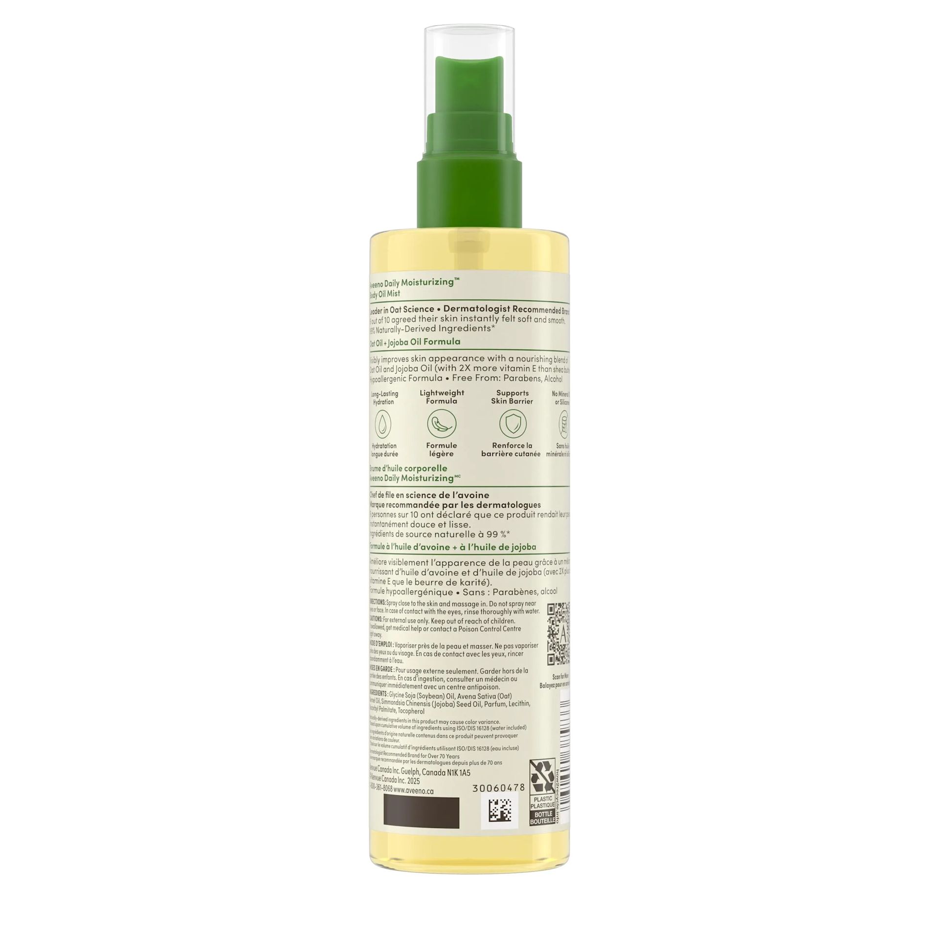 Panneau arrière du flacon de l'huile corporelle hydratante quotidienne en brume AVEENO®