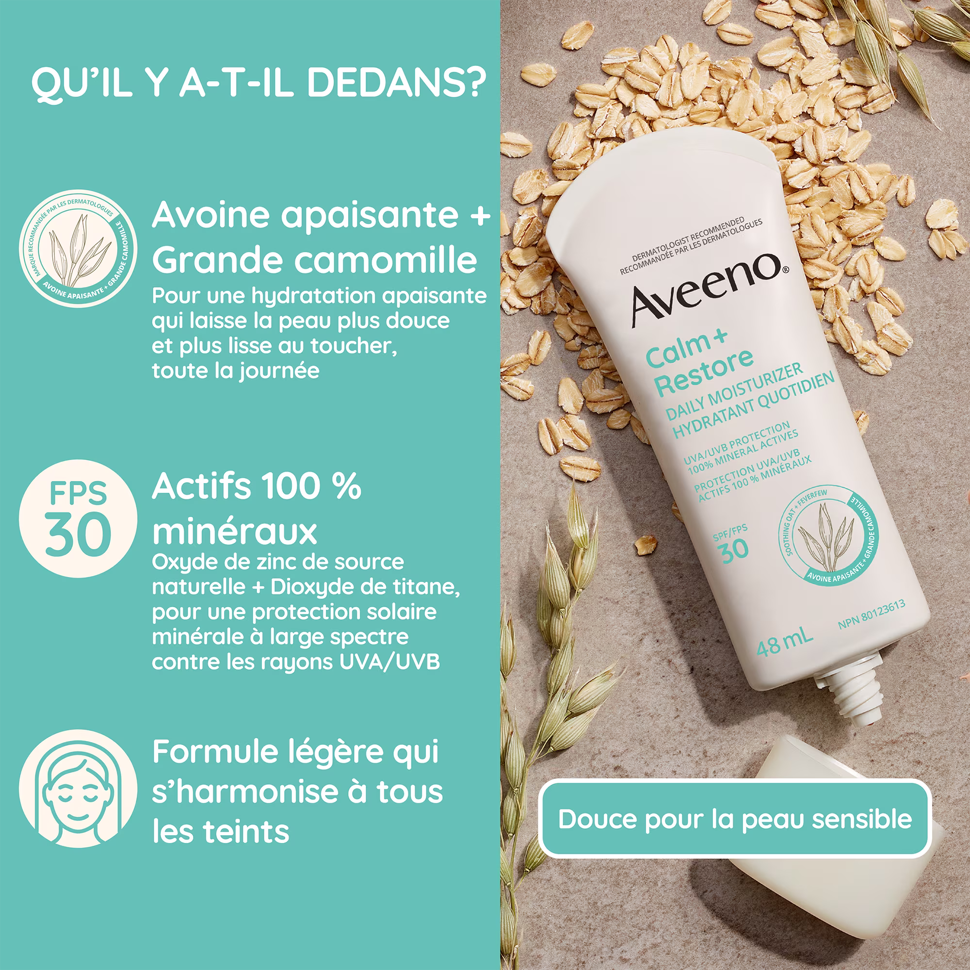 Hydratant quotidien avec écran solaire minéral FPS 30 Aveeno® Calm + Restore, tube à presser, bouchon ouvert, sur des flocons d’avoine