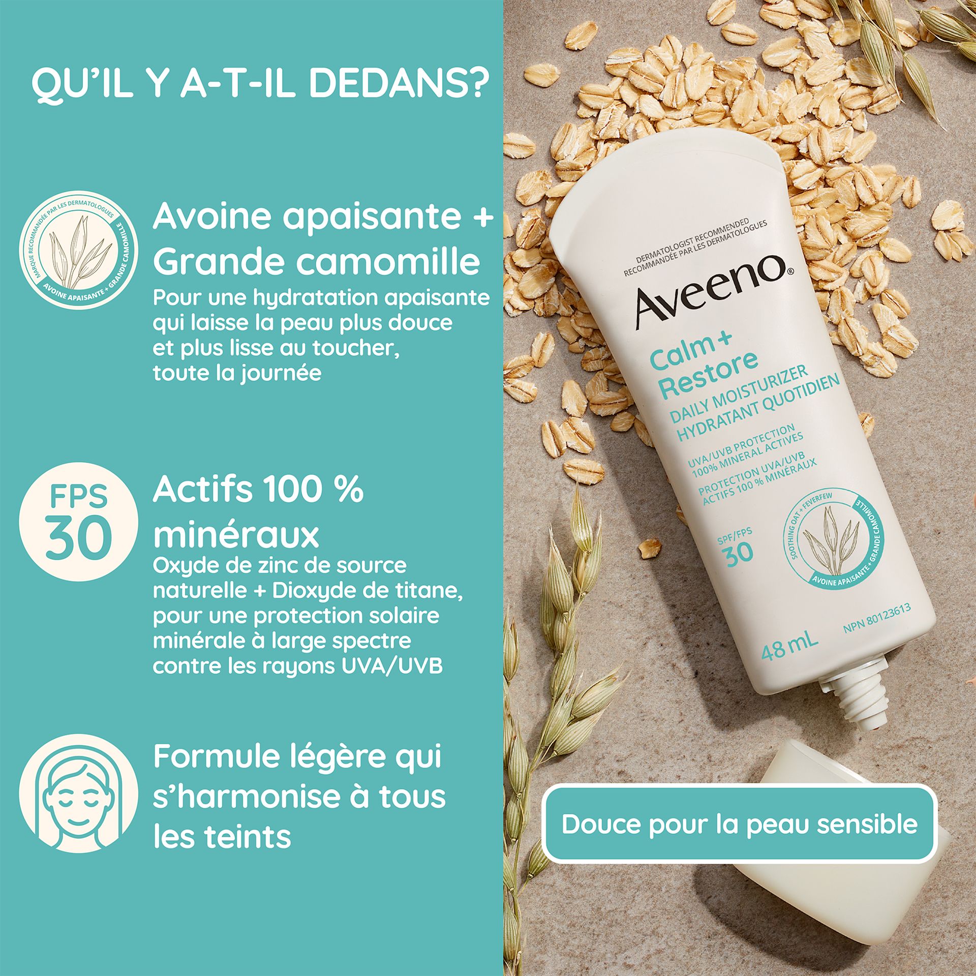 Aveeno® Calm + Restore Daily Moisturizer Mineral SPF 30 Image 2 - Aveeno FR-CA Hydratant quotidien avec écran solaire minéral FPS 30 Aveeno® Calm + Restore, tube à presser, bouchon ouvert, sur des flocons d’avoine