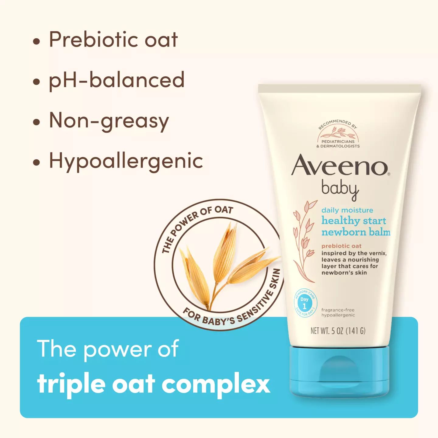 Aveeno® Baby Daily Moisture healthy start newborn balm, the power of triple oat complex