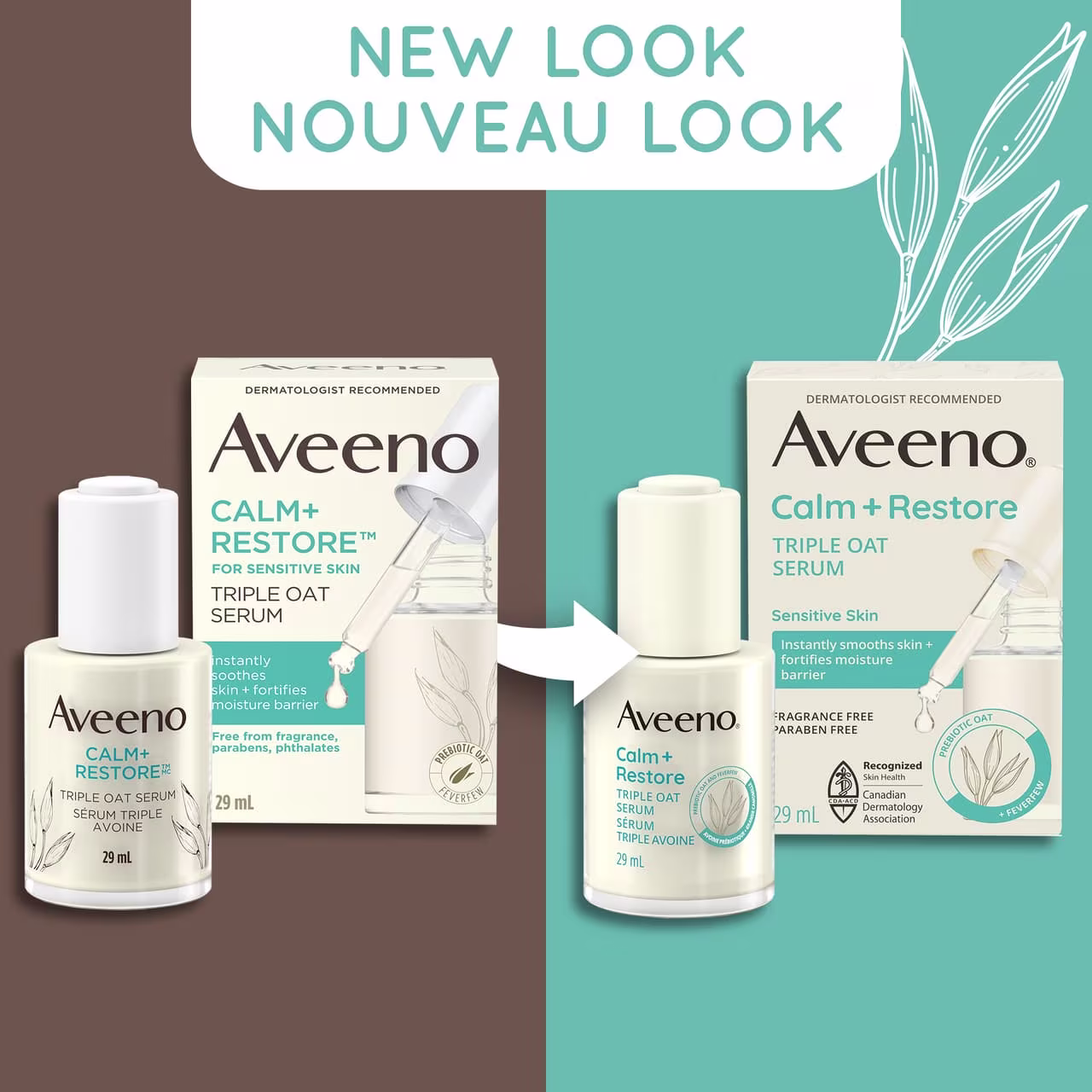Old and new packaging of AVEENO® Calm + Restore Triple Oat Serum, 29mL bottle, with text 'new look'