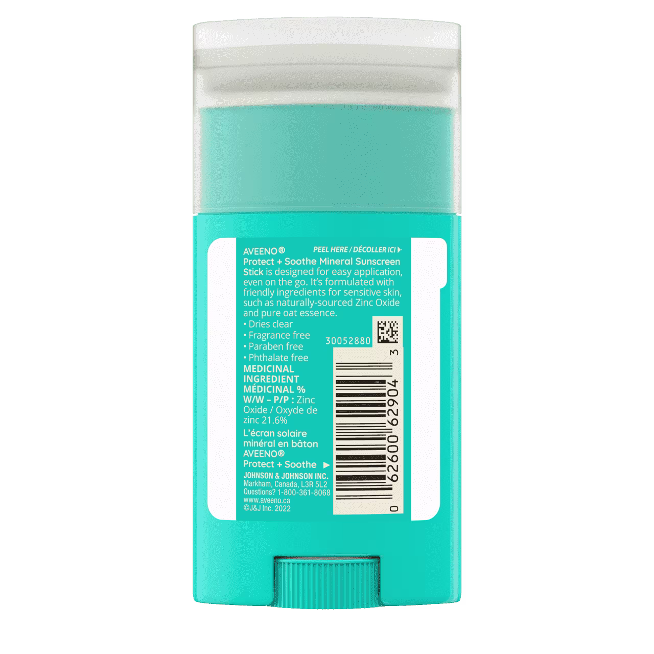 AVEENO® Protect + Soothe Mineral Sunscreen Stick for Sensitive Skin SPF 50 back label