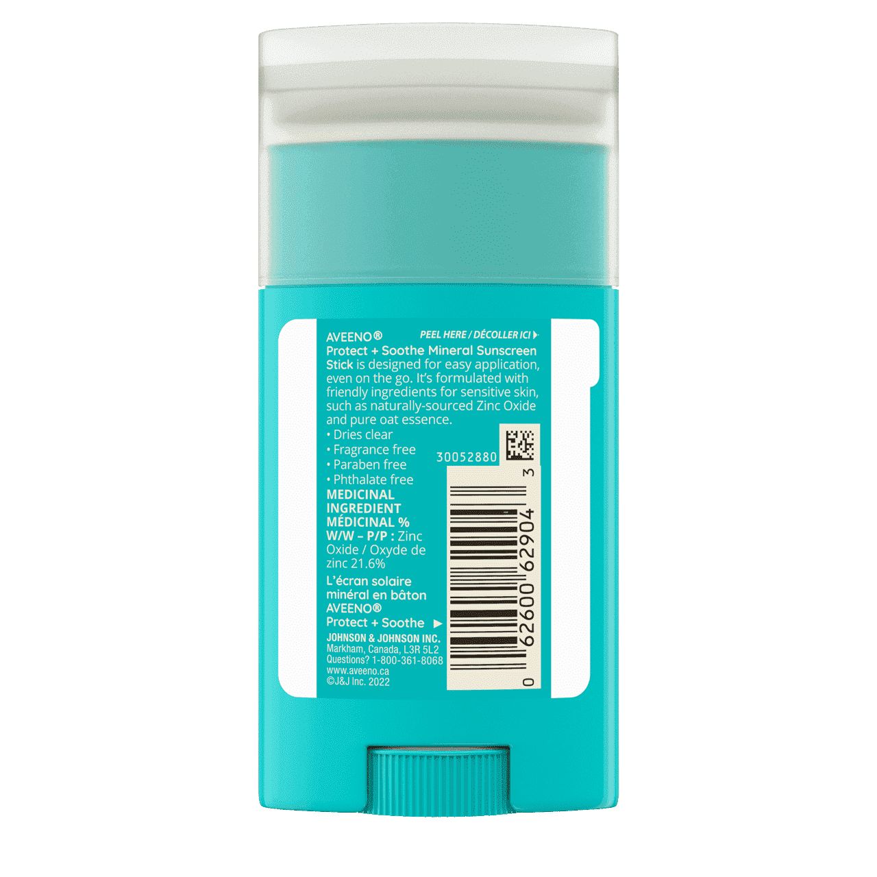 AVEENO® Protect + Soothe Mineral Sunscreen Stick for Sensitive Skin SPF 50 back label
