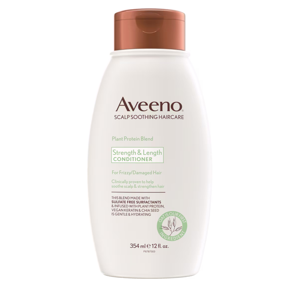 Pack shot of Aveeno® Plant Protein Strength & Length Conditioner for Frizzy/Damaged Hair, 12 fl oz