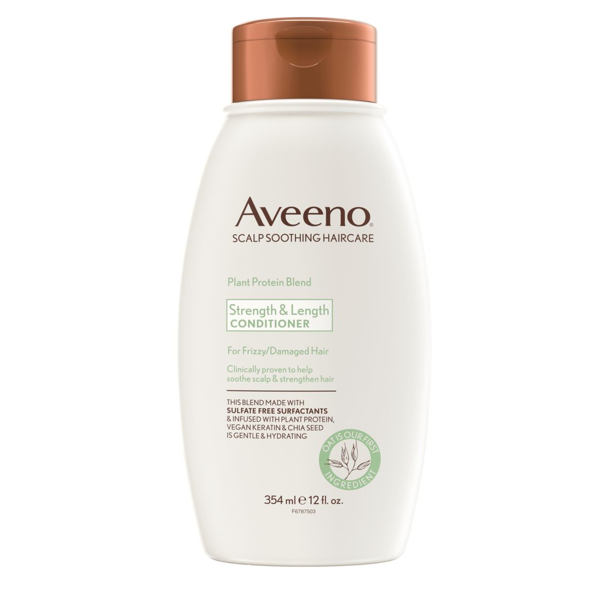 Pack shot of Aveeno® Plant Protein Strength & Length Conditioner for Frizzy/Damaged Hair, 12 fl oz