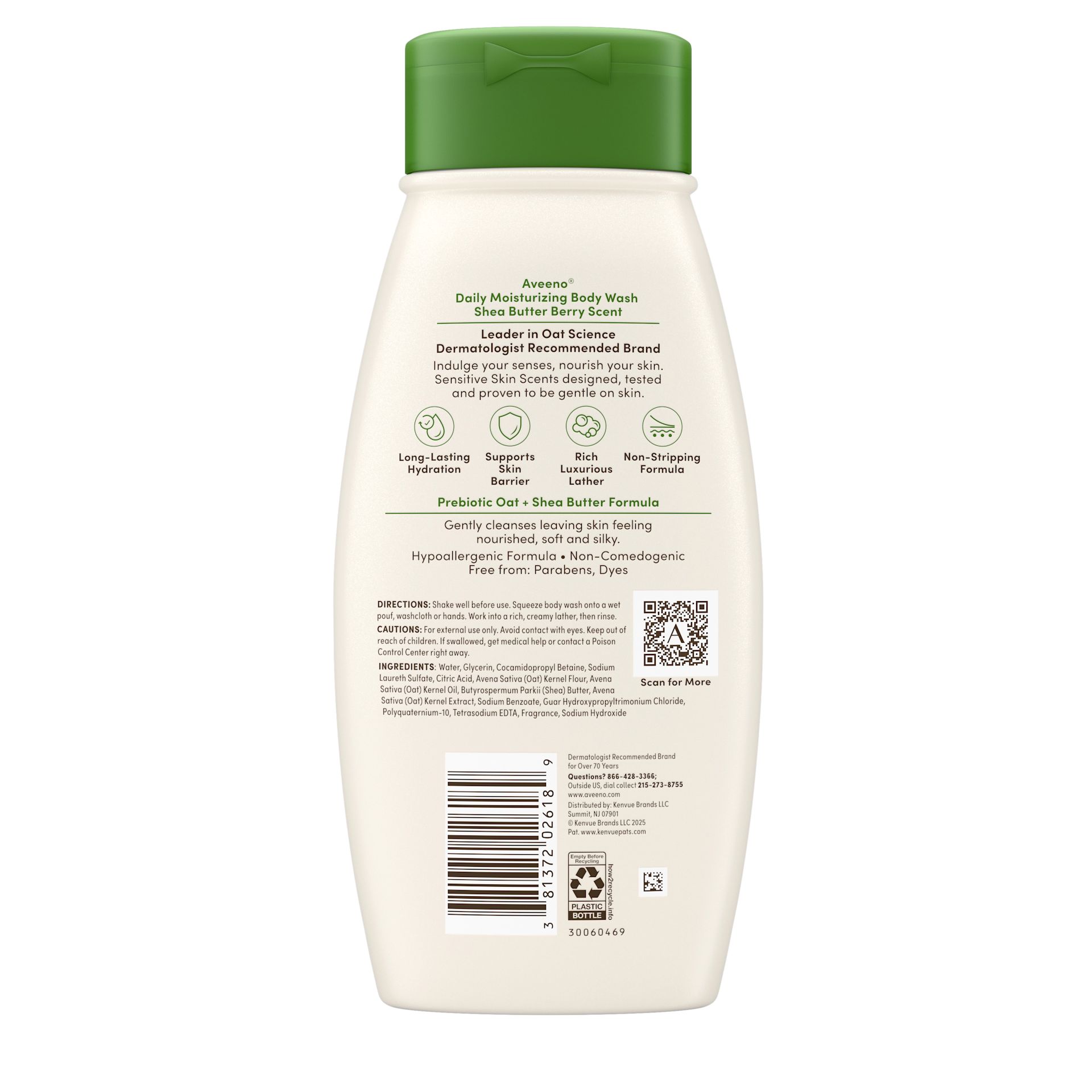 Back pack shot of Aveeno® Daily Moisturizing Body Wash, Shea Butter Berry Scent, Sensitive Skin Scents 18oz