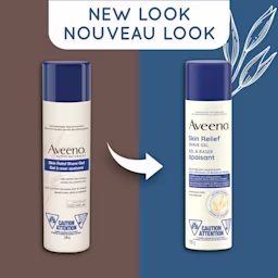 Un ancien et un nouveau flacon facile à presser de 198 g du gel à raser apaisant Aveeno avec la mention « Nouveau look »