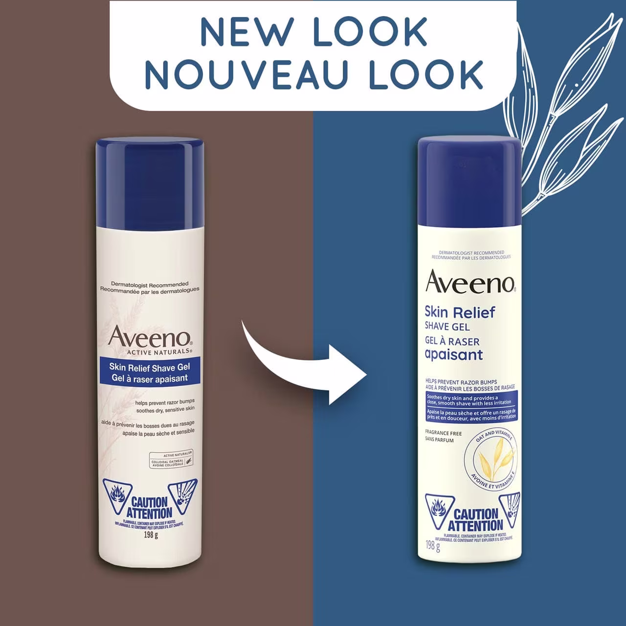 Un ancien et un nouveau flacon facile à presser de 198 g du gel à raser apaisant Aveeno avec la mention « Nouveau look »