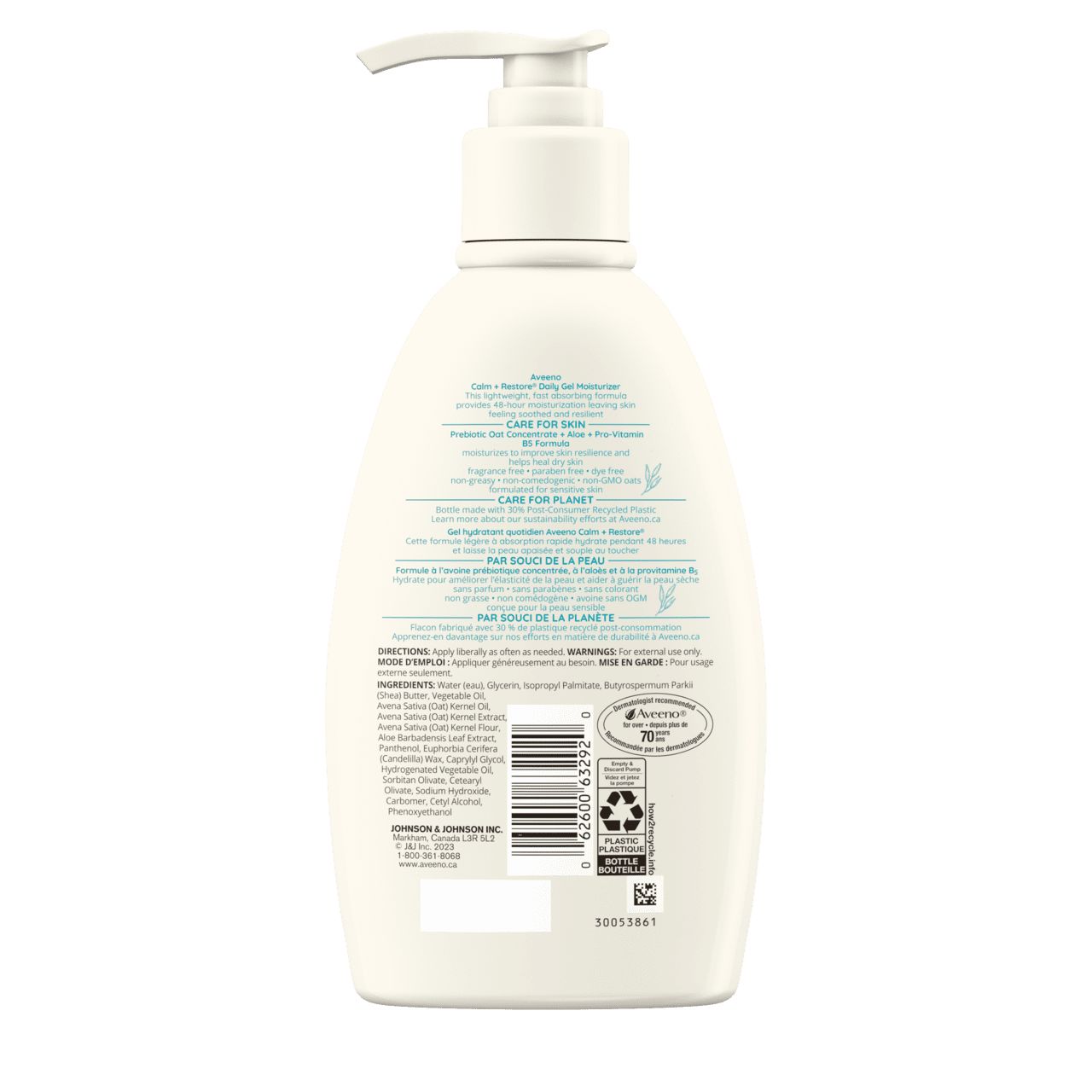 Arrière du flacon-pompe de gel hydratant quotidien AVEENO® Calm + Restore