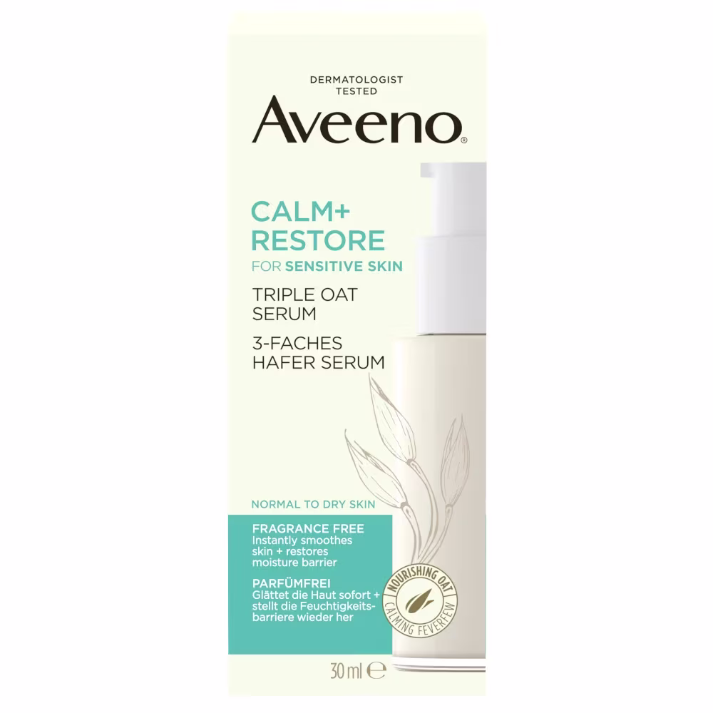 Aveeno_C+R_Triple Oat Serum_Carton_30 ml Aveeno® Calm+Restore™ Pleťové sérum s Trojitým ovseným komplexom, 30 ml – Predná strana obalu