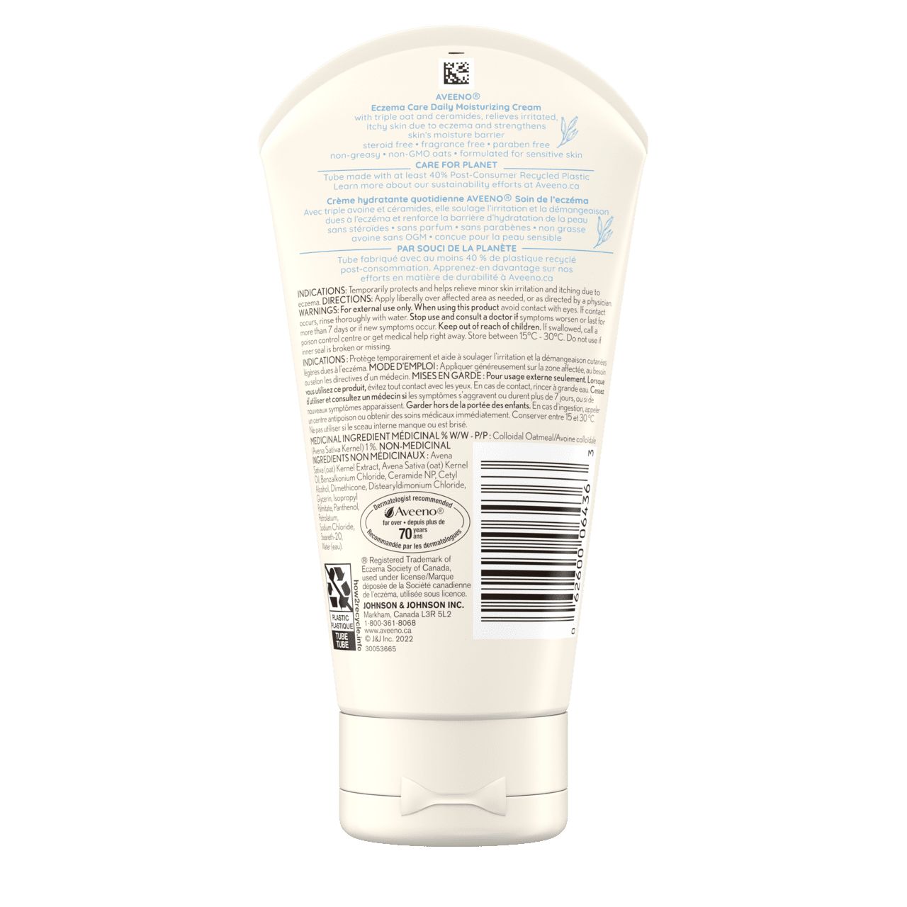Panneau arrière du tube de la crème hydratante AVEENO® Soin de l'eczéma