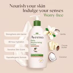 02CocoaButterVanilla Lotion PDP4 DUALITY FORMULA Aveeno® DM Lotion Cocoa Butter Vanilla Scent, nourishing your skin indulge your senses