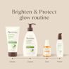Aveeno® Brighten & Protect glow routine, exfoliate, cleanse, glow and protect